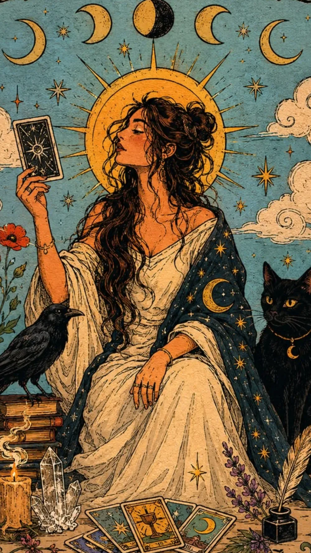 Nap-glóriás nő tarot kártyával, holdfázisokkal és fekete macskával